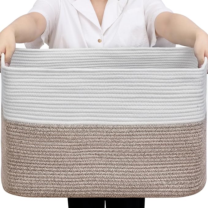 95L Large Blanket Basket, Woven Storage Baskets with Reinforced Handles, Rope Laundry Basket for Living Room, Bedroom, Nursery, Toys, Clothes,Pillows, 24â x 17â x 13.5â, White & Brown