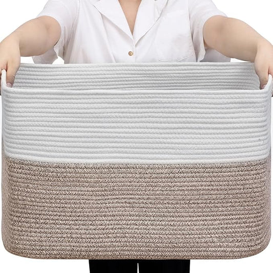 95L Large Blanket Basket, Woven Storage Baskets with Reinforced Handles, Rope Laundry Basket for Living Room, Bedroom, Nursery, Toys, Clothes,Pillows, 24â x 17â x 13.5â, White & Brown
