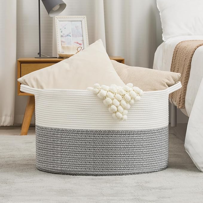 XXXLarge Woven Cotton Rope Basket (21.7" x 13.8") 90L – Blanket Basket for Living Room, Laundry Hamper, Baby Laundry Hamper, Toy Storage, Pillows & Cushions Organizer (White&Grey)