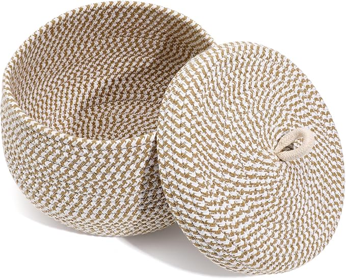 Small Cotton Rope Storage Basket with Lid, 8 inch Round Woven Covered Basket for Organizing, Decorative Lidded Baskets for Nursery Shelf, Boho Makeup Organizer for Vanity Countertop