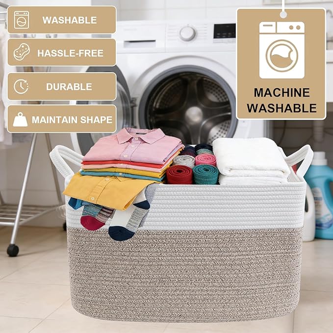 Magazine & Newspaper Baskets,Large Woven Rope Blanket Basket,24"x16"x15"Storage Bin with Handle,Toys Storage,Laundry Basket for Home Organization/Living Room/Nursery/Bedroom,White&Brown