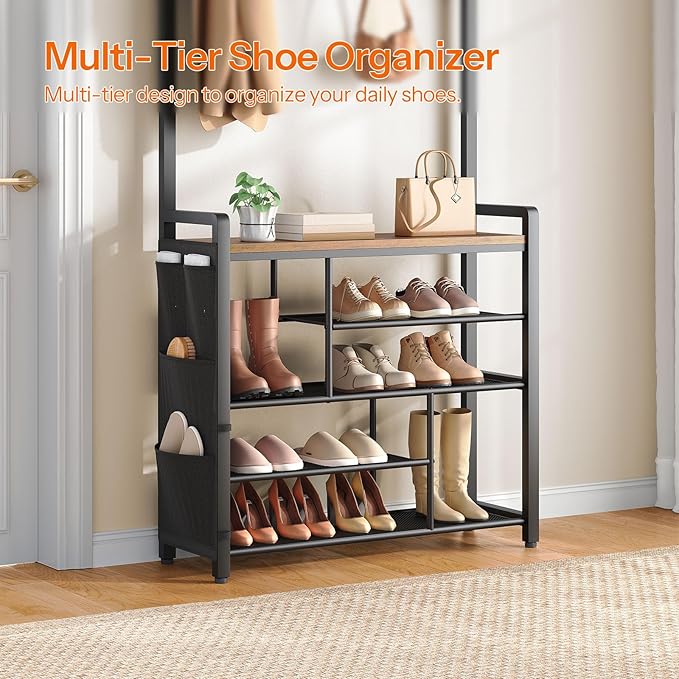 HOOBRO Hall Tree with Bench, Shoe Rack with Coat Rack, Coat Rack with Shoe Storage, 5 Tier Shoe Storage Organizer with Oxford Fabric Side Pockets, Coat and Shoe Rack Entryway, Rustic Brown BF45MT01