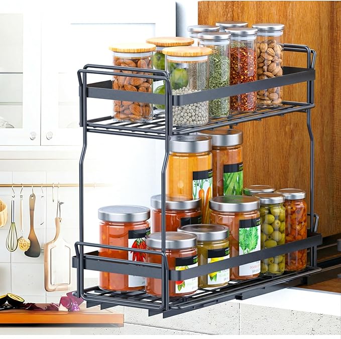 Pull Out Spice Rack Organizer for Inside Kitchen Cabinets, Heavy Duty Slide Out Seasoning Kitchen Organizer, 2 Tier Vertical Sliding Seasoning Organizer, 10.5" D x 5.1" W x 9.6" H