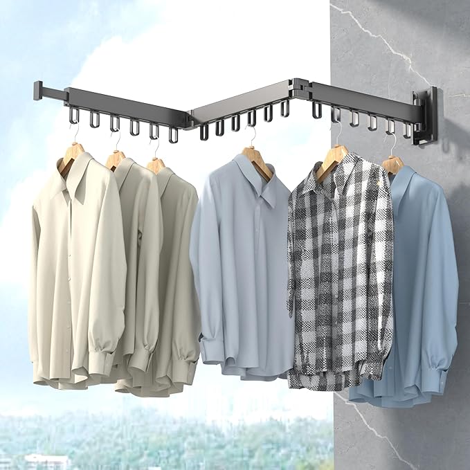 Space Saver Clothes Drying Rack, Wall Mounted, Retractable, Collapsible(Tri-Fold), for Balcony, Bathroom, Black Color