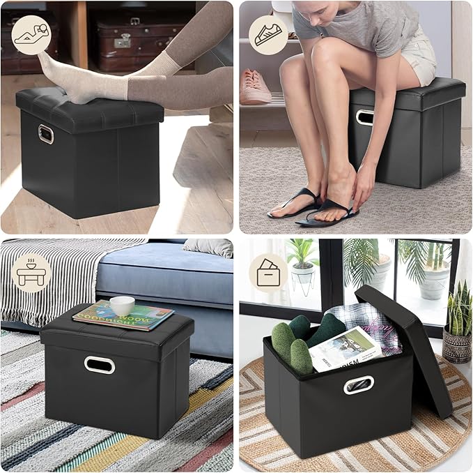 COSYLAND Ottoman with Storage Folding Leather Ottoman Footrest Foot Stool Black Ottoman for Room Small Rectangle Collapsible Bench Furniture with Handles Lid Toy Chest 17x13x13in
