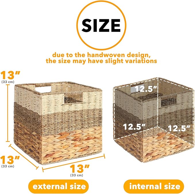 SpaceAid 4 Pack 3 Pattern Design Wicker Basket, Baskets for Organizing, Storage Rattan Basket with Handles for Shelves, Woven Cube Storage Bin Organizer, 13x13x13 inch, Natural