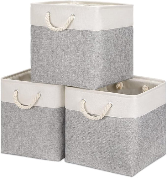 Bidtakay Fabric Basket Set - Large Square Organizer Bins, 13x13, Set of 3, White & Grey