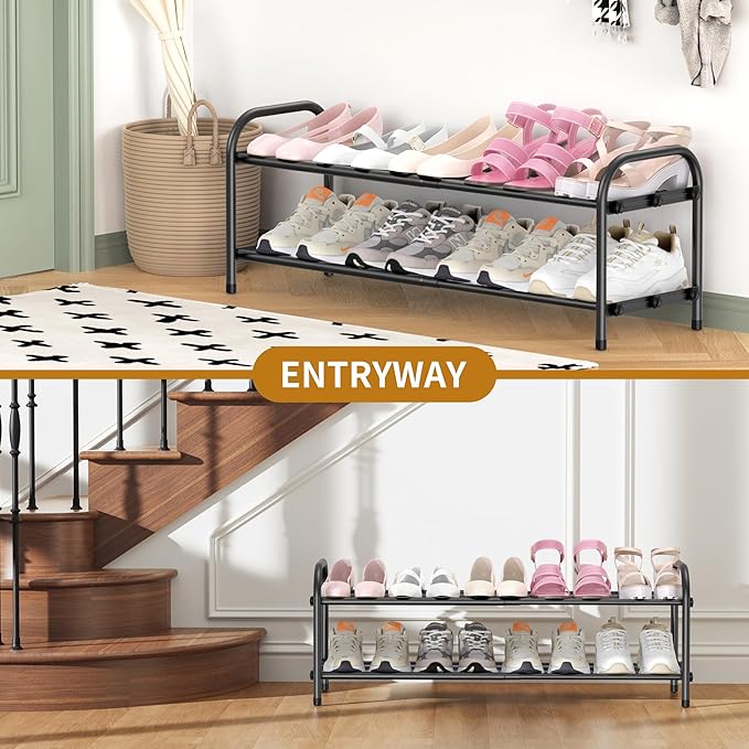 2-Tier Expandable Shoe Rack for Entryway，Adjustable Metal Shoe Organizer for Closet,Living Room,Dorm,Black