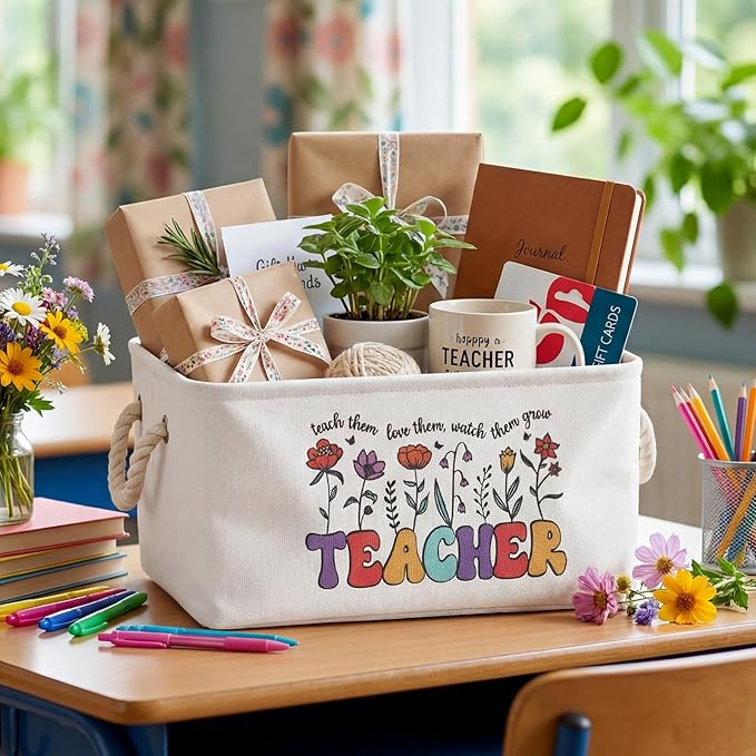 Marsui Teacher Basket Teacher Appreciation Gifts Book Storage Basket Large Foldable Linen Reading Accessories Back to School Teachers Gifts from Student Classroom Office Home