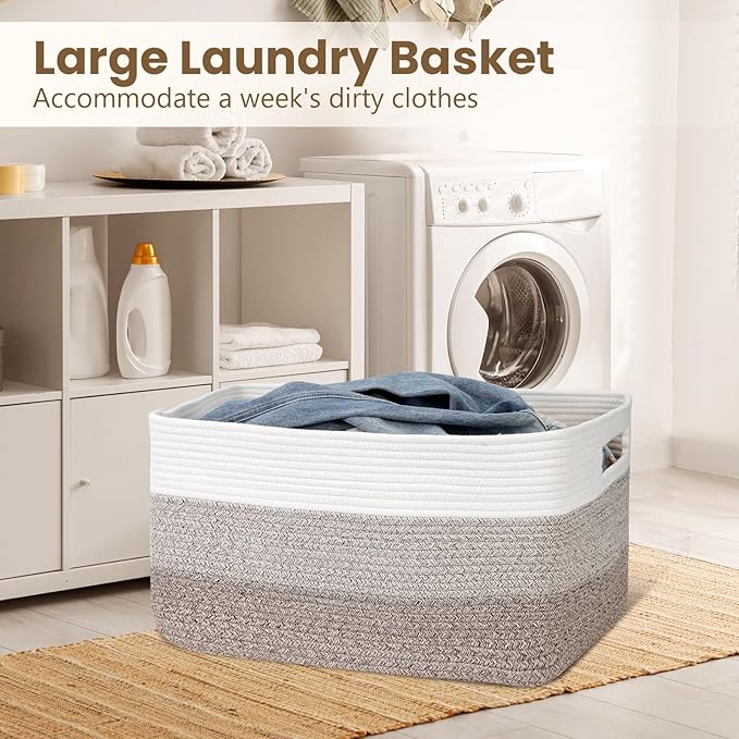 75L Large Blanket Basket, Woven Storage Baskets with Reinforced Handles, Rope Laundry Basket for Living Room, Bedroom, Nursery, Toys, Clothes, Pillows, 22â x 17â x 11.5â, White & Brown
