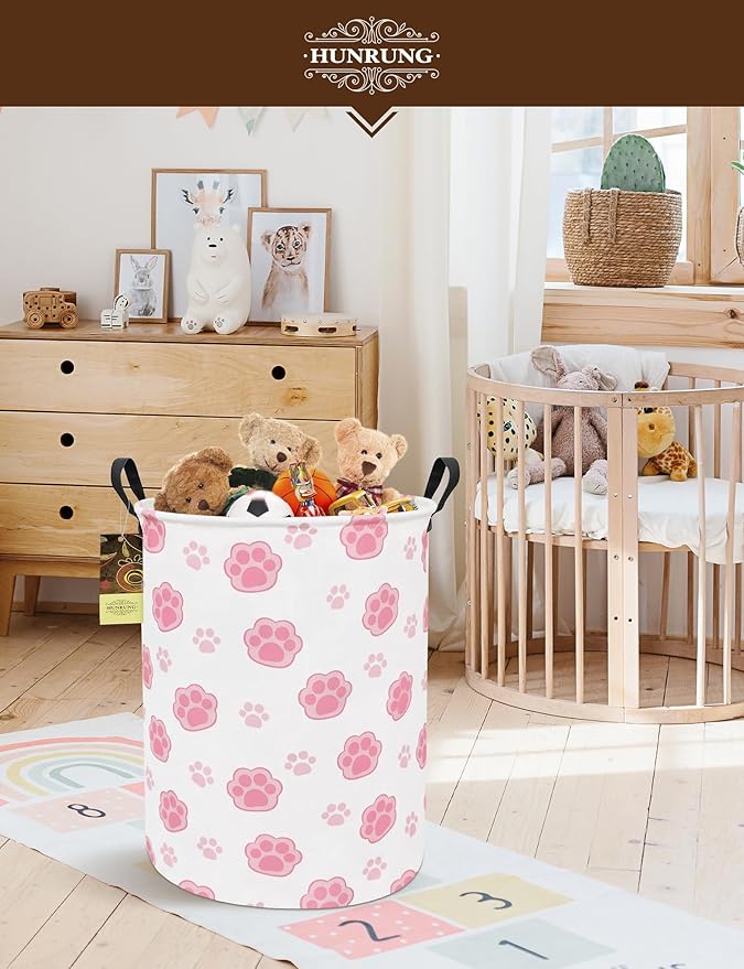 HUNRUNG Laundry Hamper,Large Canvas Fabric Lightweight Storage Basket Toy Organizer Dirty Clothes Collapsible Waterproof for College Dormsï¼Round-Pink Pawï¼