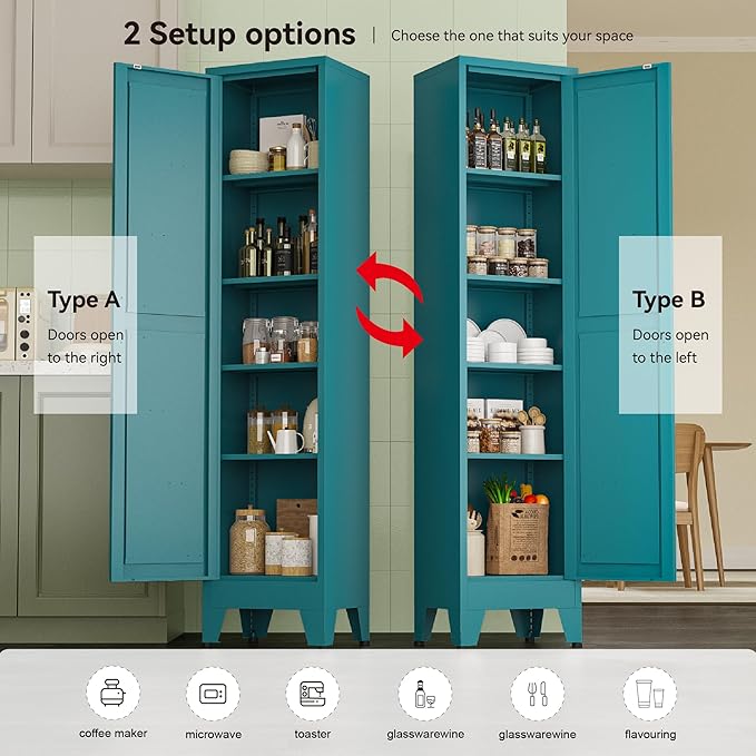 White Narrow Metal Storage Cabinet, Tall Freestanding Cabinet with 4 Adjustable Shelves & Barn Doors, Pantry Organizer for Bathroom Kitchen Home Office Dining Room（1PC,Blue