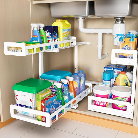 Under Sink Organizer, Metal Large Capacity 2-Tier Sliding Cabinet Storage Rack, Heavy-Duty Rust-Resistant Steel Frame, Holds 50 lbs, Adjustable Height 12–16", 14"D x 11"W for Kitchen & Bathroom, White