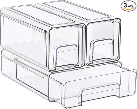 Sorbus 1 Medium & 2 Small Clear Stackable Storage Drawers, Plastic Organizer Bins with Handles, Pull-Out Drawers for Bathroom Closet, Medicine, Cabinet, Pantry Storage, Baby Bottle Organizer