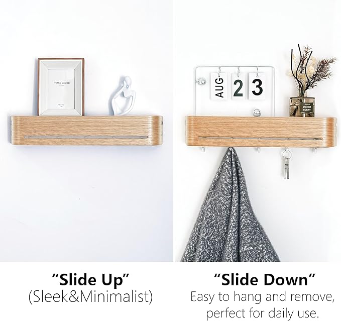 Modern Key Holder Wall Mount with 5 Retractable Hidden Hooks, Heavy Duty Coat Rack Wall Mount, Finland-Designed Entryway Organizer, 17 inch, for Entryway, Living Room, Kitchen, Hallway,Oak