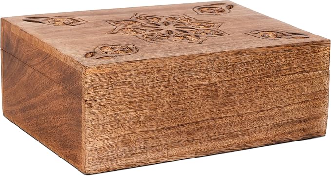 Mela Artisans Wooden Keepsake Box | Burnt Mango Wood Memory | Photo Storage Box with Hinged Lid | Decorative Storage Box | Extra Large | 10.5x7.5x4 Inch