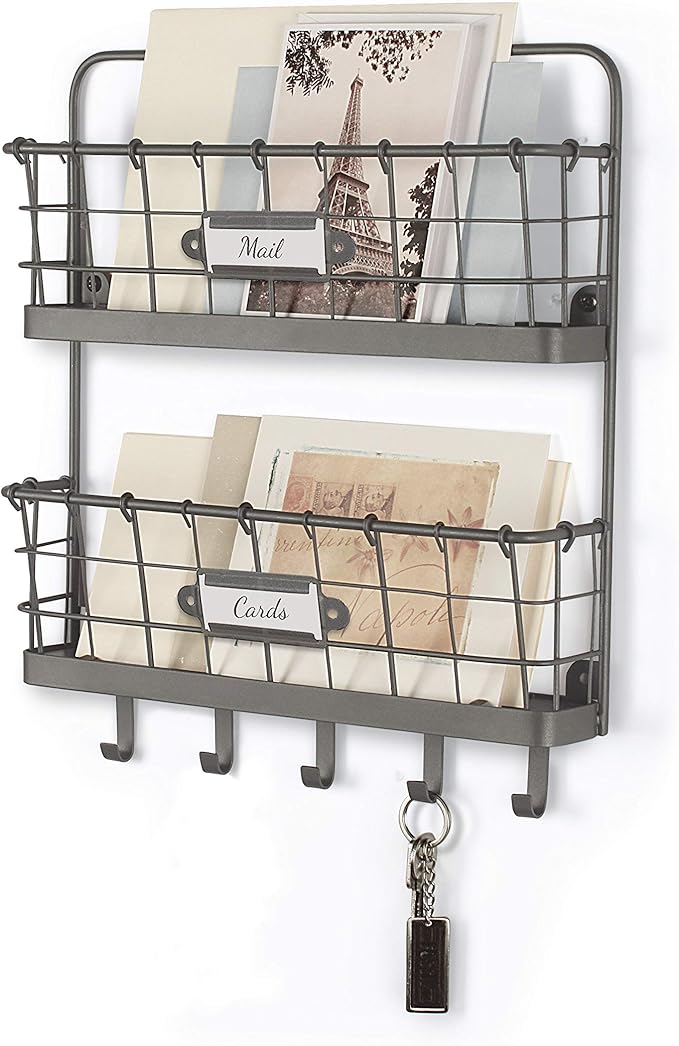 Spectrum Mail and Key Organizer for Wall, Vintage 2-Tier Mail Holder for Wall with 5 Key Hooks, Farmhouse Entryway Key and Mail Holder, Hanging Mail Organizer Rack for Letters Bills, Industrial Gray