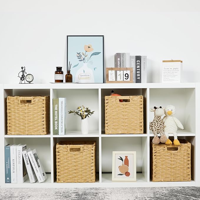 DULLEMELO Wicker Storage Baskets with Handles, Foldable Storage Cubes Set of 2 Plastic Wicker Baskets for Organizing Shelves,11 Inch Cube Baskets, Natural