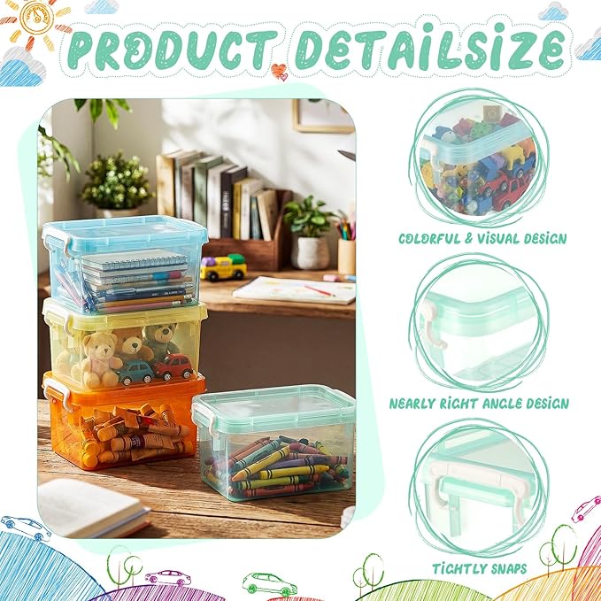 Wenqik 12 Pack Colorful Plastic Storage Bins with Lids 4 Quart Small Storage Latch Box Stackable and Nestable Clear Organizer Bins with Latching Handle and Buckle for Organizing (Mondrian)
