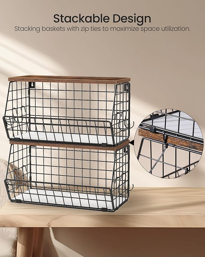 2-Tier Fruit Basket for Kitchen, Stackable wire basket with Wooden Lid, Hanging Basket with 4 Banana Hanger Hooks, for Snack, Fruit, Vegetable Storage, Rustic Brown and Black TCW04P2BF