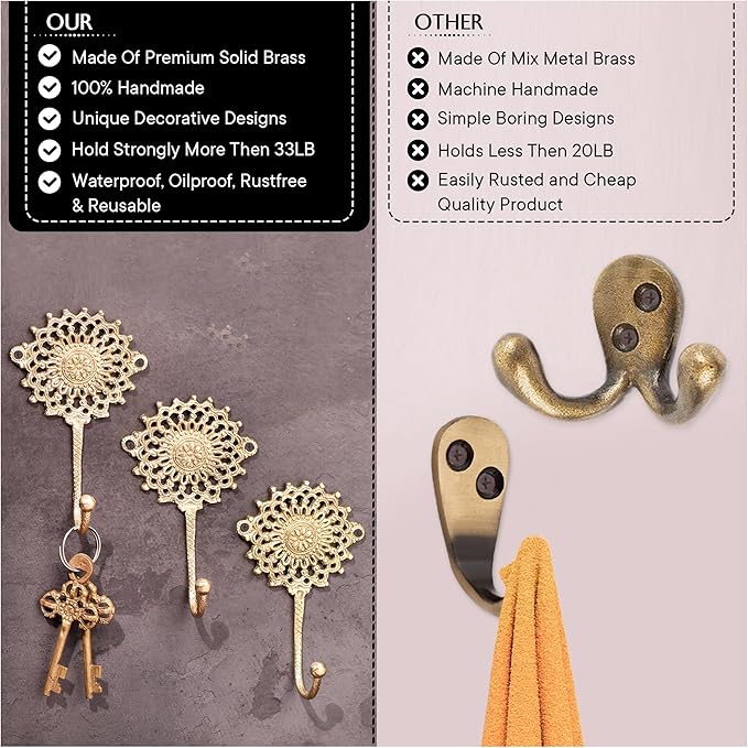 Indian Shelf 3 Sets Brass Sunflower Heavy Duty Decorative Vintage Key Holder, Key Wall Hooks for Hanging Coats, Jackets, Leash, Hat, Towel, Backpack, Purse, Handbag [Golden]