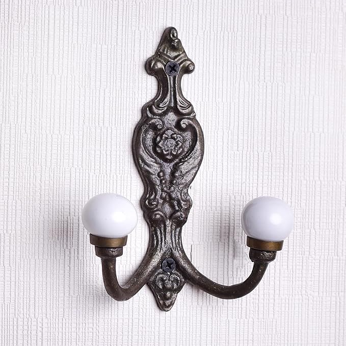 Indian Shelf Pack of 12 Heavy Duty Double Hooks for Hanging White Decorative Coat Hooks Double Prong Unique Coat Rack Wall Mount Ceramic Vintage Wall Hooks Towel Holder Backpack Purse Hanger- Style 6