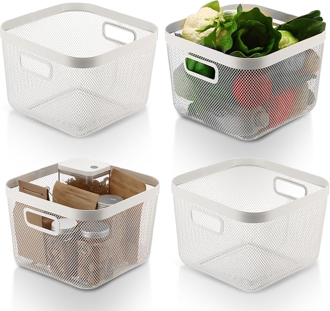4 Pack Metal Mesh Basket with Hollow Handles White Wire Storage Bin for Organizing Stackable Metal Fine Mesh Basket for Pantry Bathroom Kitchen Cabinets Shelves (Large)
