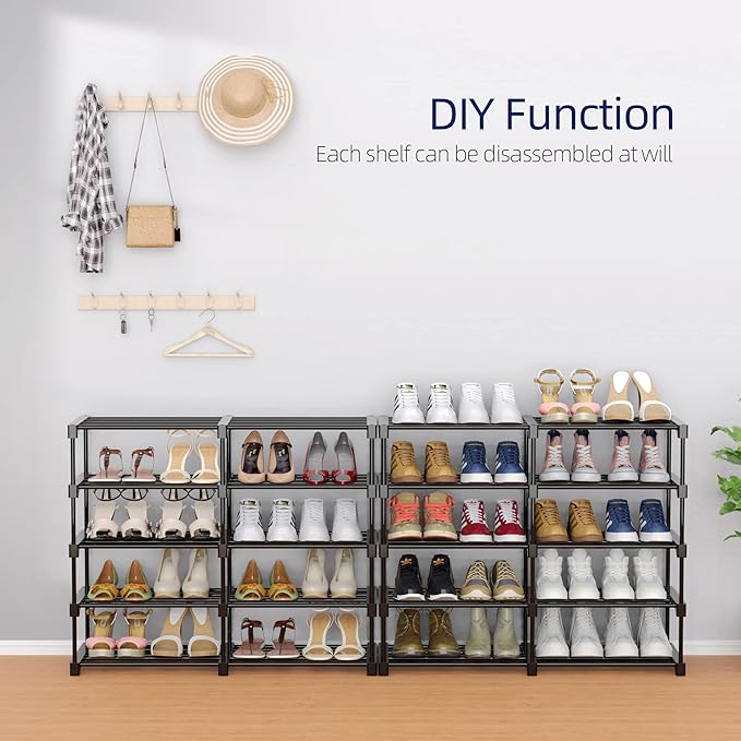 9-Tier Shoe Rack - 36-40 Pairs Organizer with Nonwoven Fabric Cover, Double Row for Closet (Black Rack with Gray Cover)