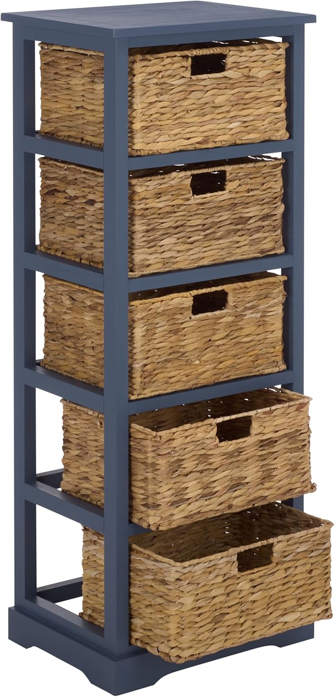 SAFAVIEH Home Collection â Vedette Blue 5-Basket Storage Tower, Natural Rattan Accent Design, Fully Assembled (AMH5739H)
