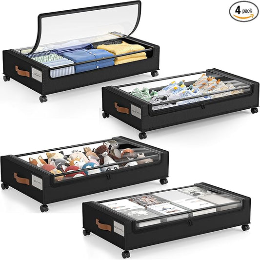 LAMU Under Bed Storage with Wheels, 4 Pack Under Bed Storage Containers with Clear Lid, XXL 60L Underbed Storage Bins, Rolling Under Bed Metal Drawers for Clothes, Blankets, Shoes, Black