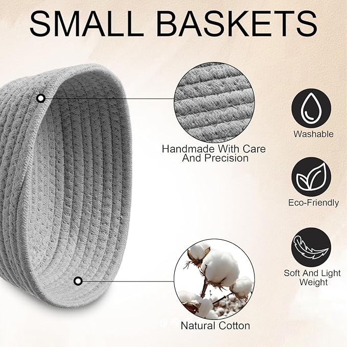 4 Pcs Small Storage Cotton Rope Woven Baskets for Gifts Empty Boho Shelf Closet Storage Baskets Gift Cute Baby Basket for Nursery Basket Easter Decorative Storage Bins for Living Room Bedroom(Grey)