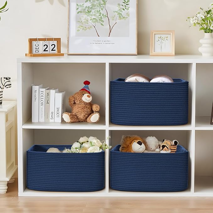 3 Pack Large Storage Basket for Organizing, 17.5"x13.5"x7.5" Woven Basket for Shelves, Closet Cube Storage Bins with Wrapped Handle, Cotton Rope Baskets for Kitchen, Clothes, Toys(Navy Blue)