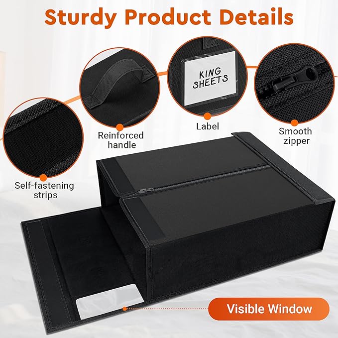 4 Pack Bed Sheet Closet Organizers and Storage,Sturdy Foldable Storage Containers with Window and Label,Storage and Organization for Bedding Sheets,Duvet Covers,Blankets (Black)
