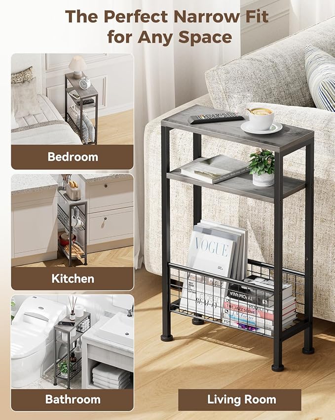 Karii Narrow Side Table, Skinny End Table for Small Spaces with Storage, 3-Tier Slim Wooden Bedside Nightstand Thin Couch Table for Living Room Bedroom Office Dorm Kitchen Bathroom (2, Gray)