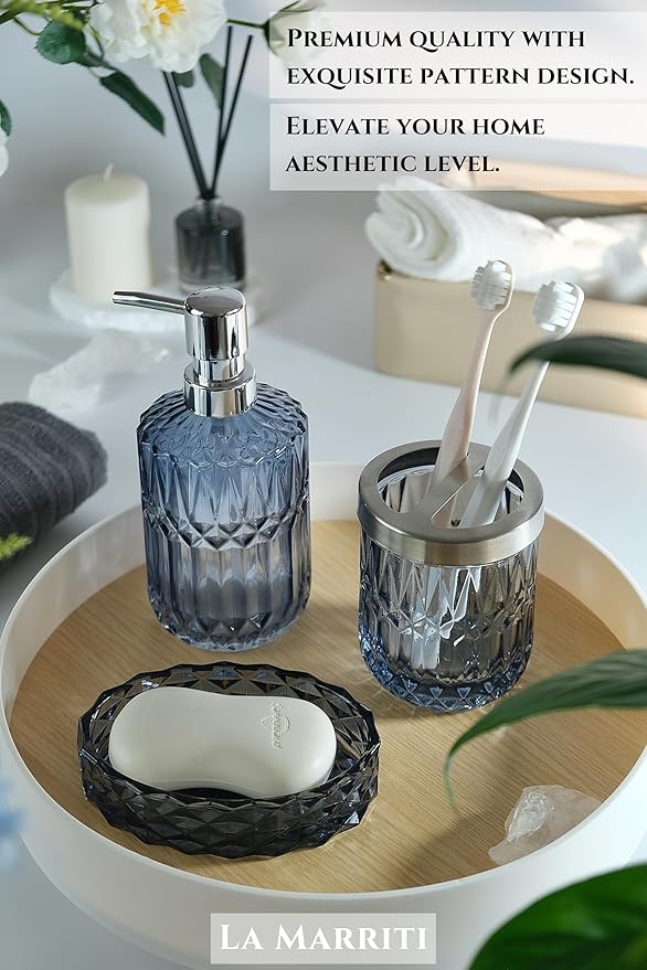Blue Bathroom Accessories Set, 4Pcs Clear Glass Bathroom Decor Set, Lotion Soap Dispenser, Toothbrush Holder, Qtips Holder, Soap Dish for Crystal Modern Bath Decor, Gift Set