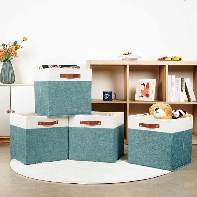 HNZIGE 13x13x13 Storage Cube Bins,4 PCS Fabric Storage Cube Bins for Organizing, Foldable Cube Storage Bins with Handles, Closet Storage Bins for Organizer Home, Office(White&Dark Green)