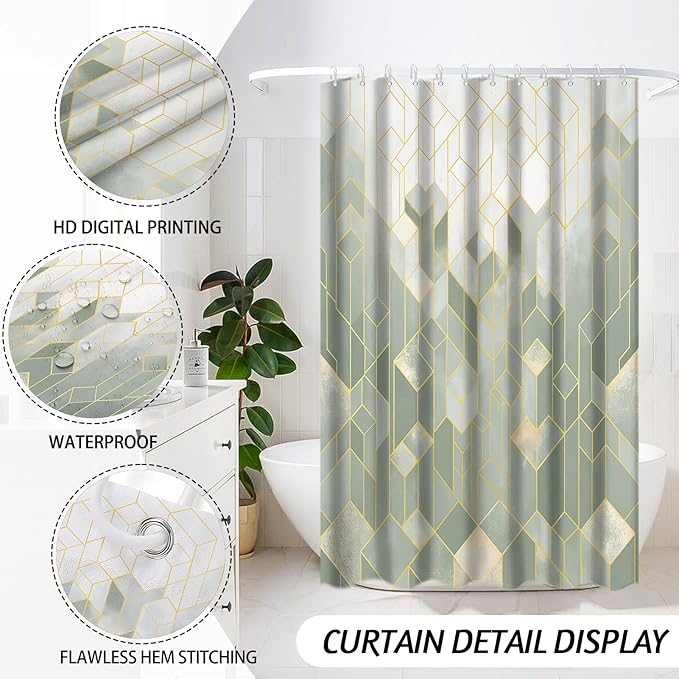 Lnond Sriral Green Bathroom Set, Green Abstract Cubes Bathroom Accessories Sets Complete, Luxury Restroom Set with Shower Curtain and Rugs, Trash Can, Toilet Brush Holder Set & Soap Dispenser