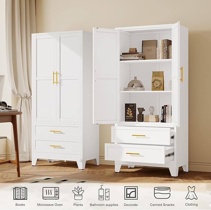 71" Tall Metal Pantry Cabinet, Steel Storage Cabinets with 2 Doors, 2 Adjustable Shelf and 2 Drawers, Used as Kitchen Cabinet, Freestanding Cupboard for Kitchen, Office, Living Room (White)