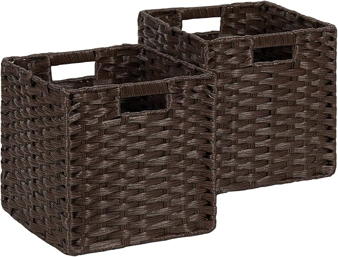 DULLEMELO Wicker Storage Bins 11x11 Storage Cubes for Organizing Plastic Woven Baskets for Storage Set of 2 Waterproof Woven Storage Cube Organizer for Pantry Closet Set of 2 - Deep Coffee