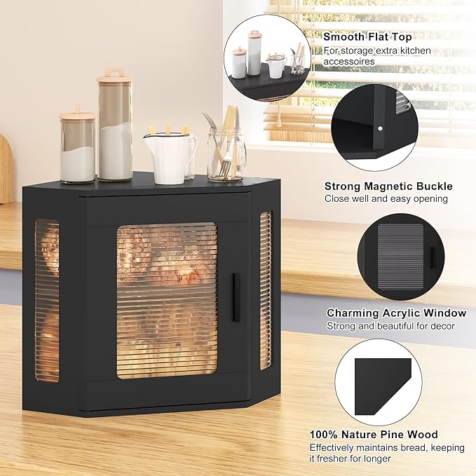 TQVAI Bread Box for Kitchen Countertop Large Corner Bread Loaf Storage Container Double Layer Wooden Bread Boxes Bin Farmhouse Pantry Shelf with Acrylic Window, Black