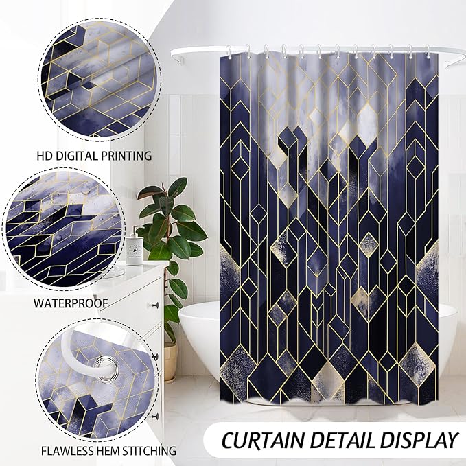 Lnond Blue Bathroom Set, Blue Abstract Cubes Bathroom Accessories Sets Complete, Luxury Restroom Set with Shower Curtain and Rugs, Trash Can, Toilet Brush Holder Set & Soap Dispenser