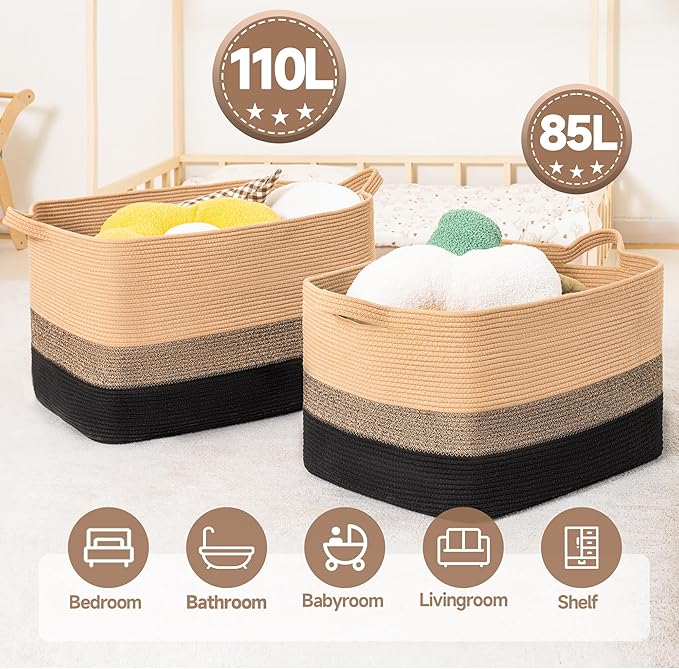 CLHMILY&Z Stylish Square Cotton Rope Storage Basket (Black & Camel, 85L)