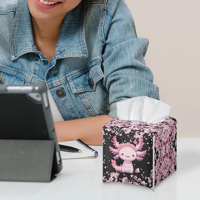 Axolotl Cherry Blossoms Tissues Cube Box Cover with Bottom Belt Decorative Tissue Box Cover for Bathroom Vanity Countertop Office Desk