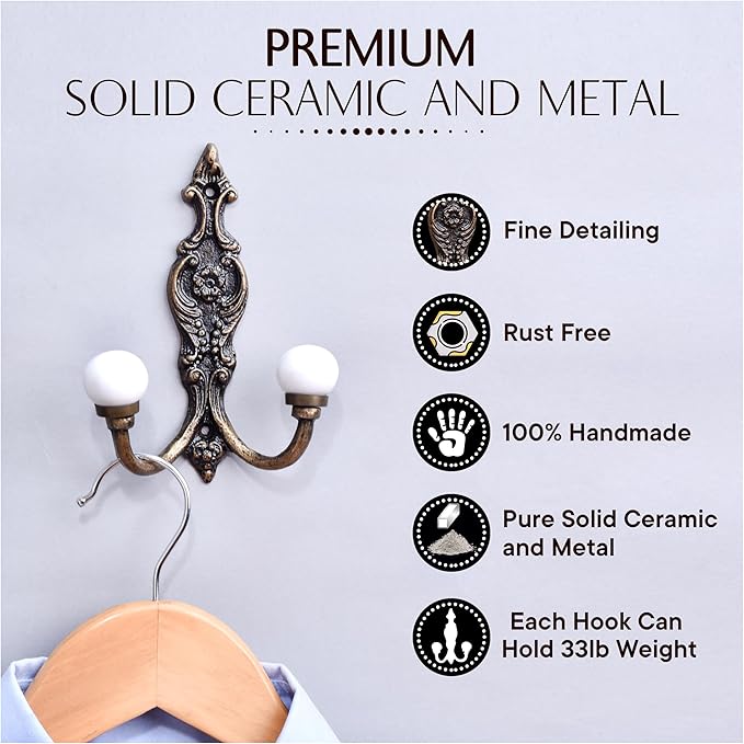 Indian Shelf Pack of 6 Heavy Duty Double Hooks for Hanging White Decorative Coat Hooks Double Prong Unique Coat Rack Wall Mount Ceramic Vintage Wall Hooks Towel Holder Backpack Purse Hanger- Style 6