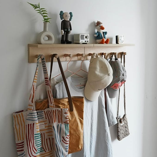 Wall Mounted Coat Rack with Shelf, 15.7" Floating Shelf with 8 Hooks, Heavy Duty Entryway Organizer for Hanging Coats, Bags, Hats, Towels - Ideal for Entryway, (2Pack-Birch Colored Finish)