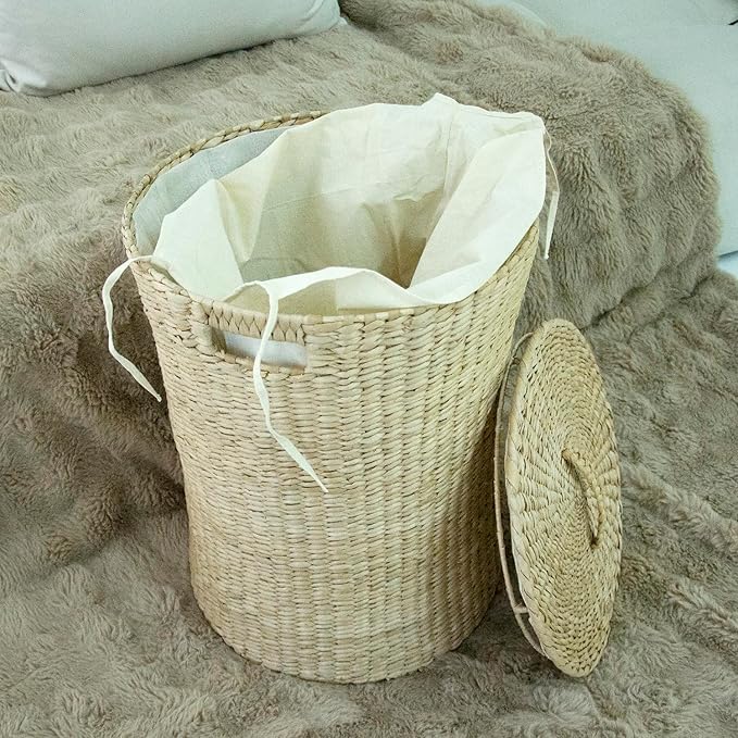 Hand-Woven Wicker Laundry Basket with Lid, 20 Gal (75 L) Large Laundry Hamper with Removable Liner for Laundry Room and Home Decor, Artisan Natural (21"H x 15.7"D)