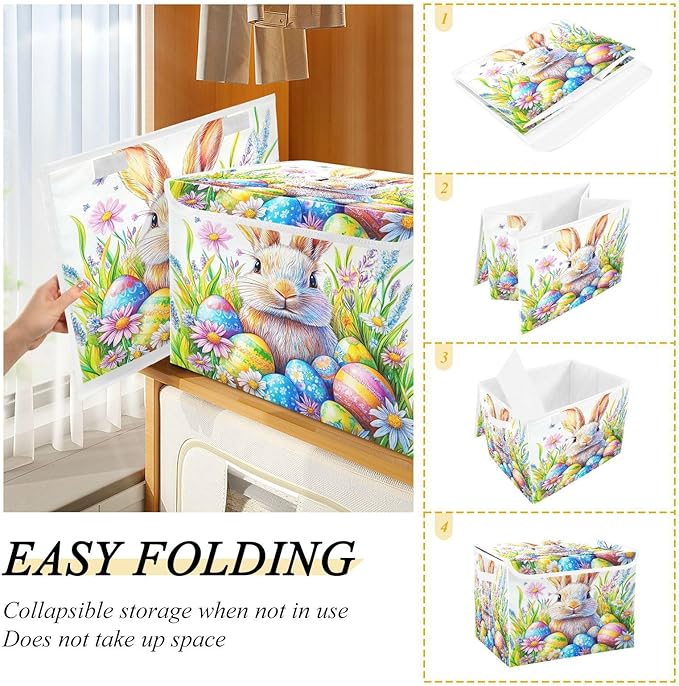 Collapsible Storage Bins with Lids Decorative Fabric Storage Cubes Closet Organizer and Storage Basket Boxes Containers for Clothes Box Chest Nursery Folding Rectangle Colorful Bunny Eggs