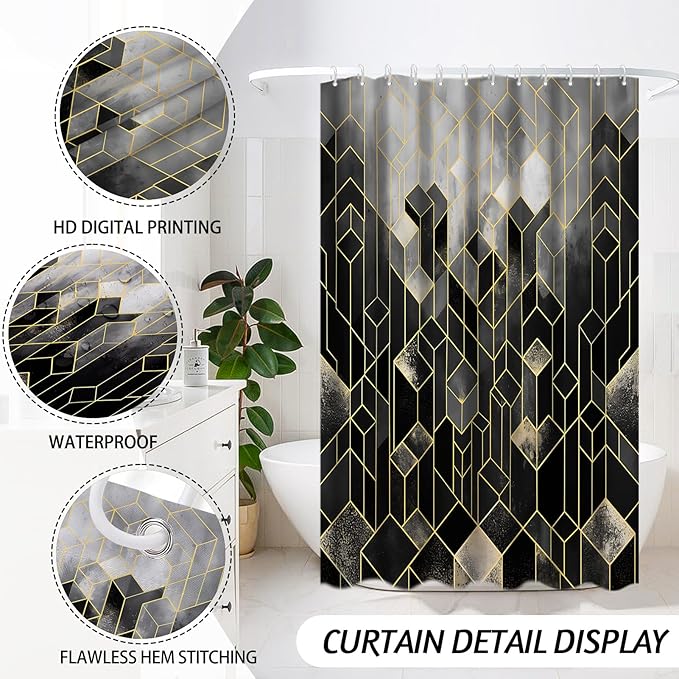 Lnond Black Bathroom Set, Black Abstract Cubes Bathroom Accessories Sets Complete, Luxury Restroom Set with Shower Curtain and Rugs, Trash Can, Toilet Brush Holder Set & Soap Dispenser