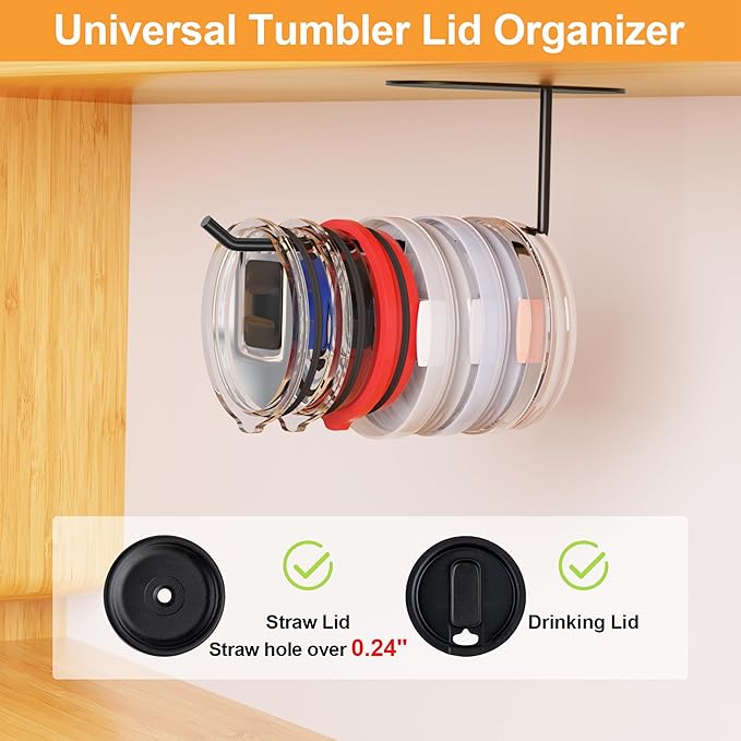 2 Pack Tumbler Lid Organizer, Space Saving Cup Lid Organizer for Yeti/Stanley/Simple Modern Tumbler Lids, Self-Adhesive or Drilling Tumbler Lid Hook for Kitchen Organizers and Storage
