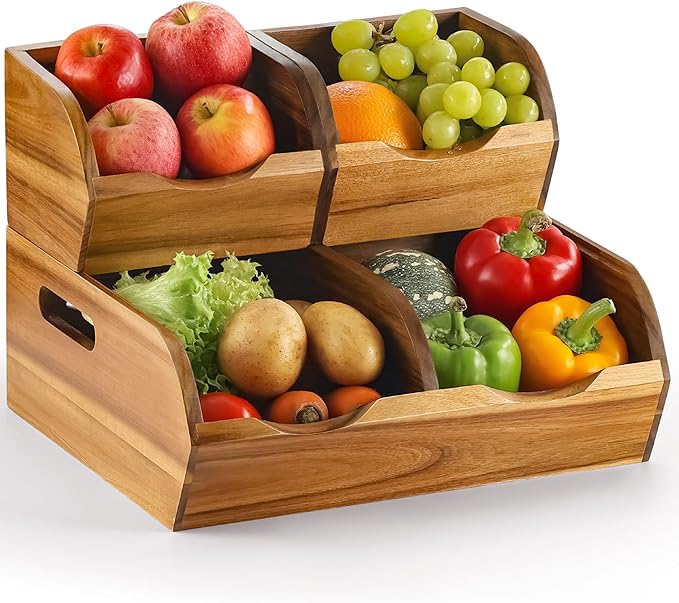 Acacia Wood Pantry Storage Bins - Stackable Open Front Kitchen Baskets for Potato, Onion, Fruit, Vegetable, and Bread Storage, Wood Organizer for Pantry (Warm Acacia)